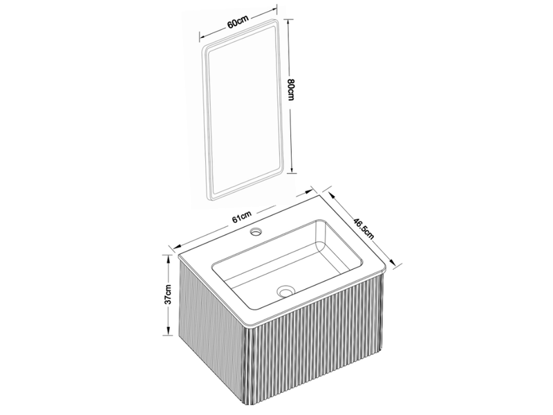  Meuble de salle de bains mural 61 cm avec vasque et miroir led 60 x 80 cm, tiroir strié bois clair pratique  - Conforama C