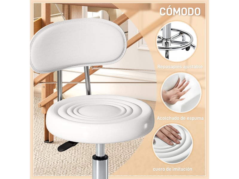  Tabouret pivotant blanc avec dossier et roulettes pour salon de beauté ou studio de tatouage hauteur réglable 32x40x70-86cm  - Conforama E