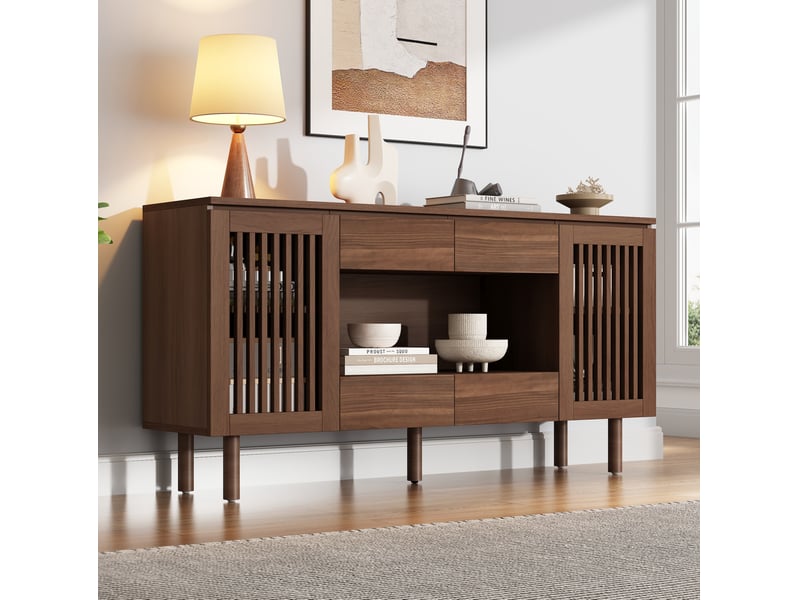  Buffet bas 140 cm en mdf bois foncé, 4 tiroirs et 2 portes à lamelles, rangement de style scandinave  - Conforama B