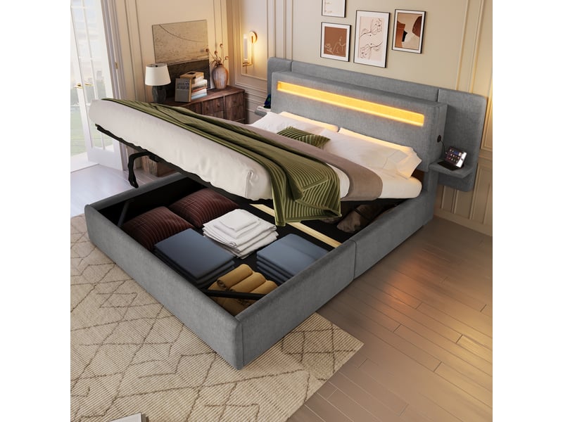 Lit coffre capitonné 140 x 200 cm - avec rangement coffre - table de chevet, port usb et led - mdf + lin - gris (sans matelas) - Conforama D