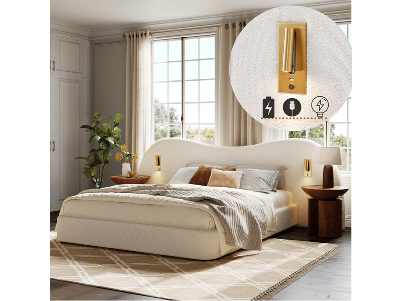  Lit double 180x200 lit coffre hydraulique tissu bouclette blanc avec port usb et liseuse  - Conforama W