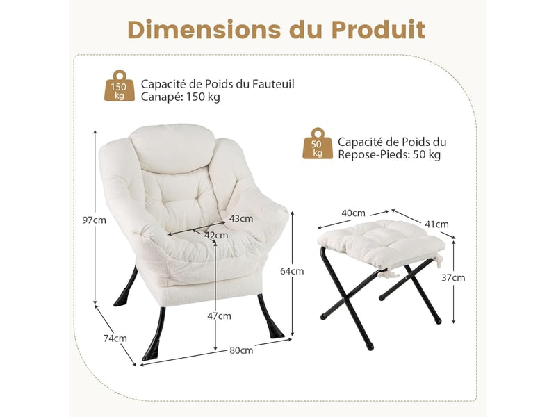 Costway fauteuil salon scandinave avec repose-pieds, fauteuil relax en sherpa avec oreiller et poche latérale, fauteuil chambre pour lecture, cadre en métal pour charger 150 kg (beige) - Conforama D