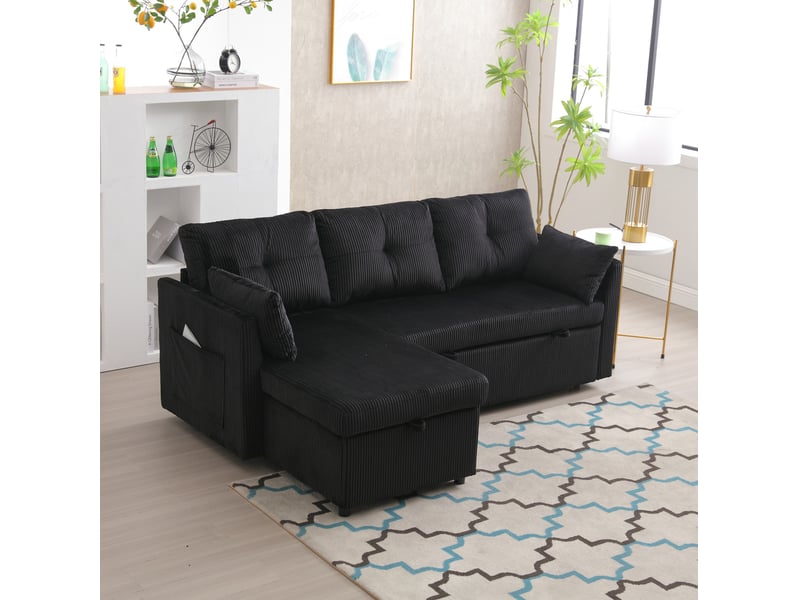  Canapé d'angle convertible 3 places avec rangement 206x108x66 cm noir  - Conforama W
