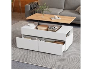 Table basse relevable 100x50 cm avec rangement caché, 2 tiroirs, bois et blanc