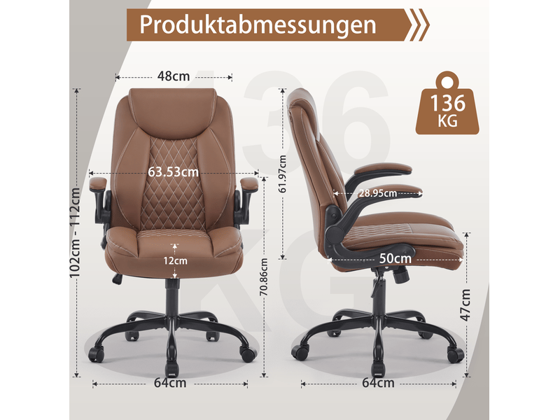  Chaise de bureau ergonomique avec soutien lombaire, accoudoirs relevables et hauteur réglable en similicuir marron  - Conforama B