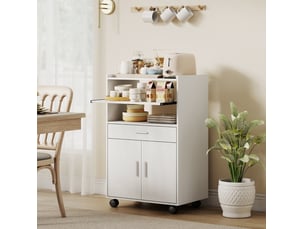 Meuble micro-ondes 59 cm – blanc – rangements multiples avec roulettes et double porte