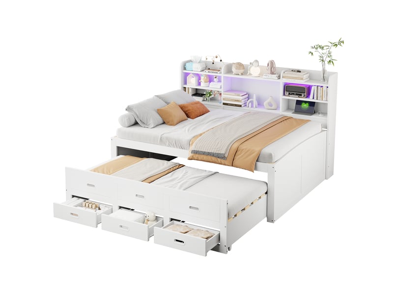  Lit banquette blanc 140x200 cm avec lit gigogne - led, 3 tiroirs et ports usbtype-c  - Conforama A
