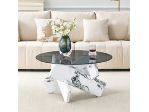 Table basse ronde avec plateau en verre trempé et piètement sculptural, style moderne, en mdf et verre, blanc