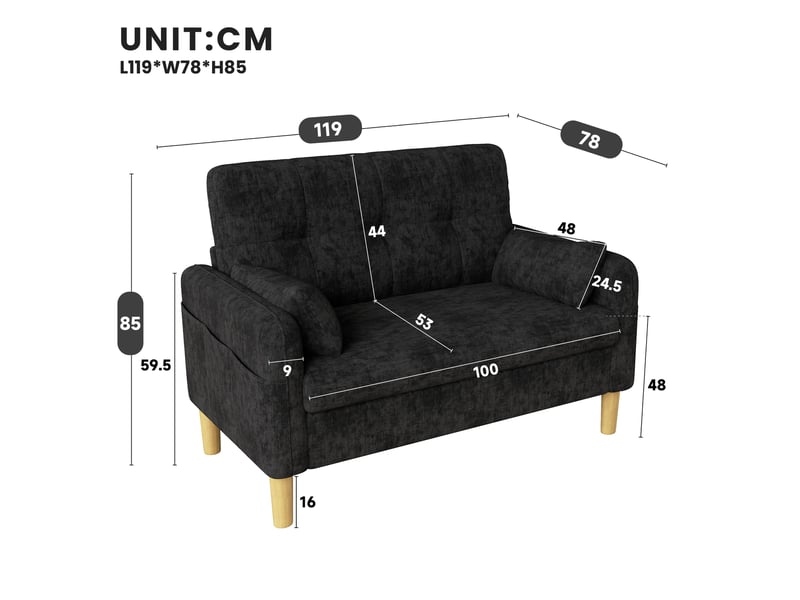Canapé droit 2 places avec coussins amovibles, poche latérale et assise rembourrée en chenille gris, 119 × 78 × 85 cm - Conforama C