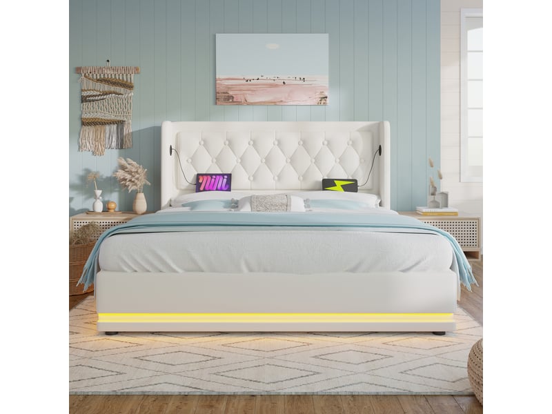  Lit coffre 160x200 cm, ports usb et type-c, en pu, blanc, matelas inclus  - Conforama B