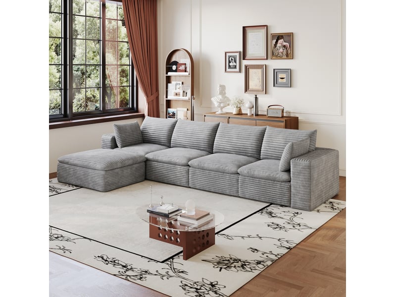  Canapé modulaire tcqpz 5 places 340 x 160 x 82 cm avec chaise longue velours côtelé gris foncé coussins amovibles sans montage  - Conforama B