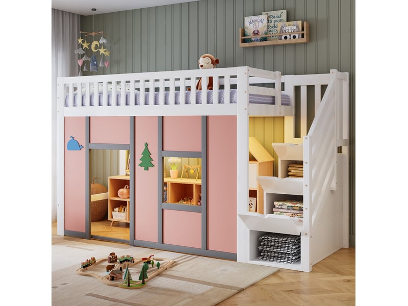  Lit mezzanine 90x200 cm avec escalier de rangement et éclairage led en bois et mdf blanc et rose  - Conforama C