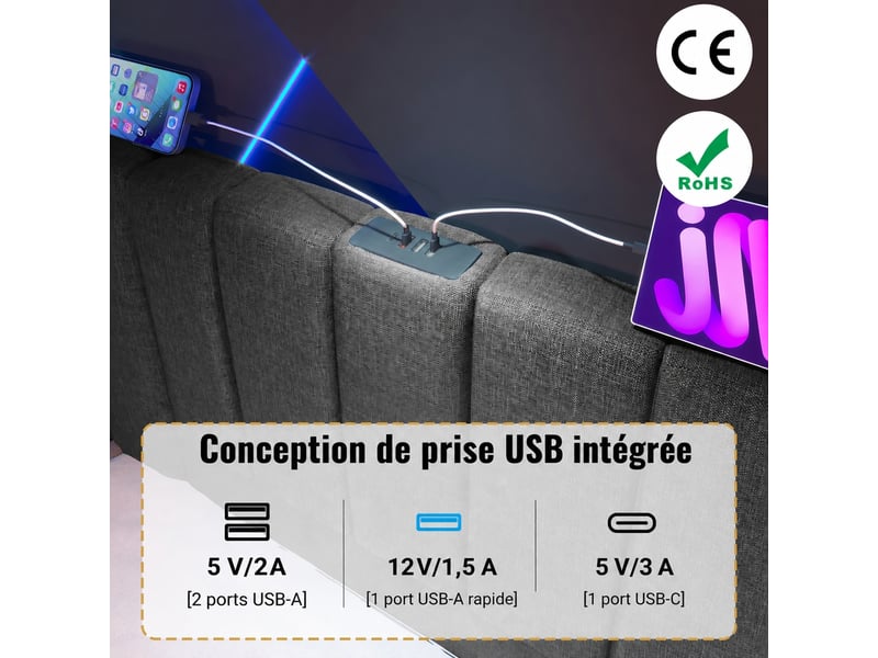  Lit coffre hydraulique avec led et usb-c, lin gris, 180x200 cm  - Conforama E