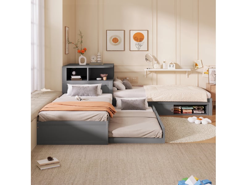  Lit gigogne en l 90x200 cm avec rangement à portes coulissantes et veilleuse led gris  - Conforama D