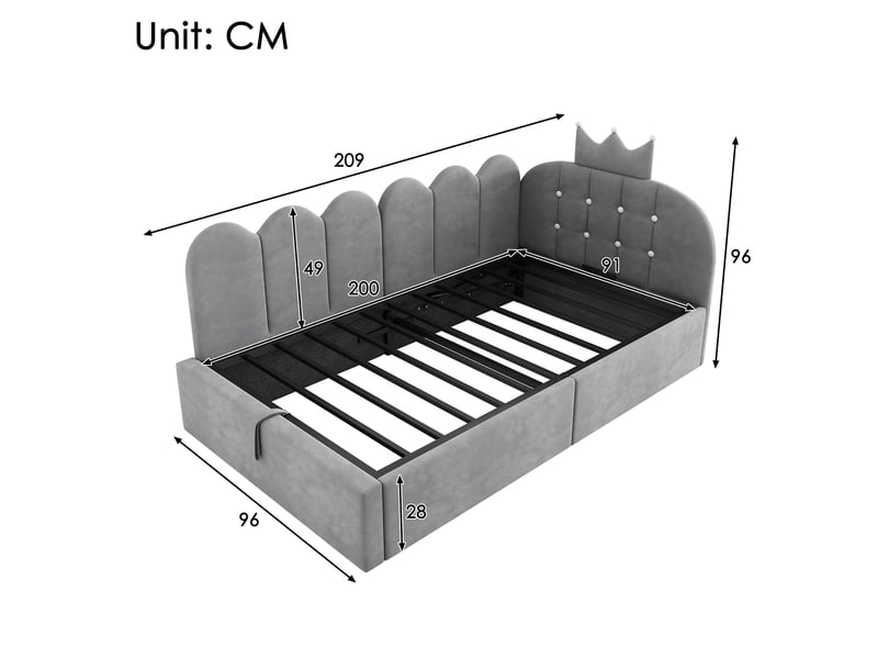  Canapé-lit pour enfant 90 x 200 cm, avec rangement hydraulique, en velours, gris  - Conforama C
