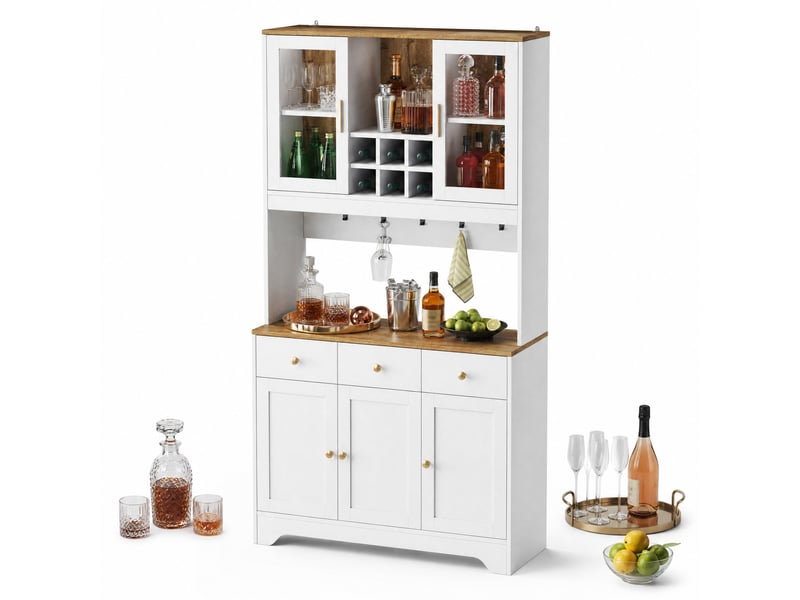 Buffet haut avec 5 portes, 3 tiroirs et niches ouvertes, portes transparentes en mdf pour salon 94,5×30×175,5 cm blanc - Conforama A