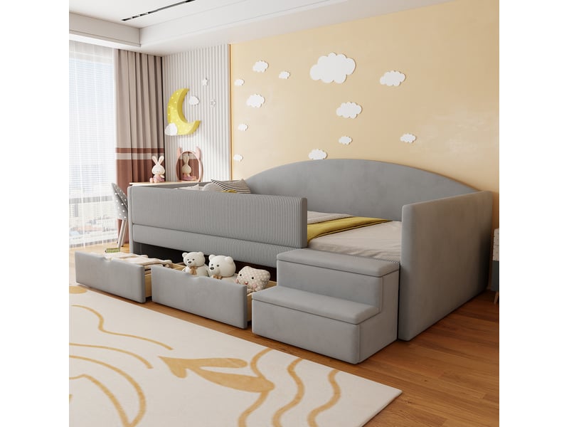  Modenvie lit enfant capitonné 90x190 cm - avec 2 tiroirs, marches antiderapantes, sans matelas - gris  - Conforama B