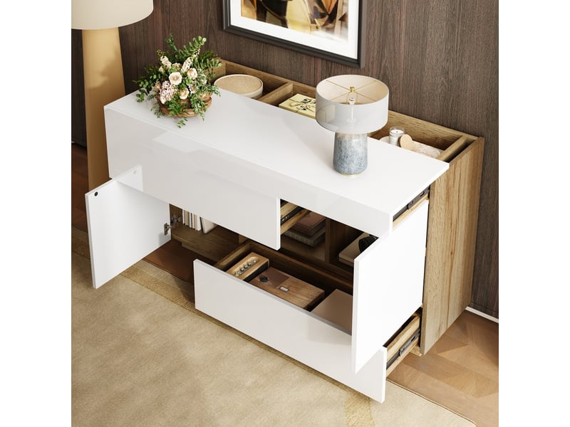  Buffet de salon, 120 x 37 x 76,5 cm, meuble de rangement avec éclairage led, 2 portes 2 tiroirs, blanc  - Conforama D