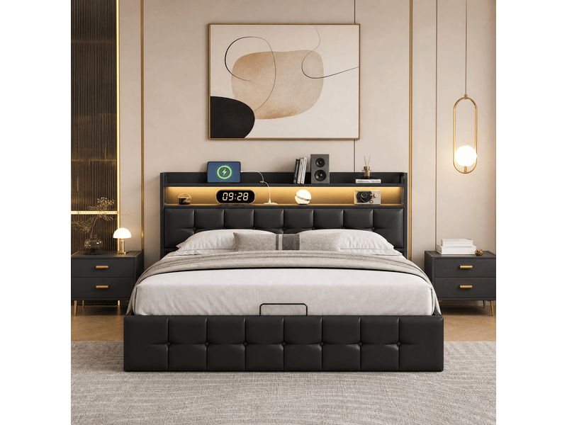  Lit double rembourré 160 x 200 cm avec éclairage led et ports usb, lit hydraulique avec espace de rangement et sommier à lattes, lit pour adolescent, pu, noir 231225HGY0102#ADGFCHWkTeDELLM - Conforama C