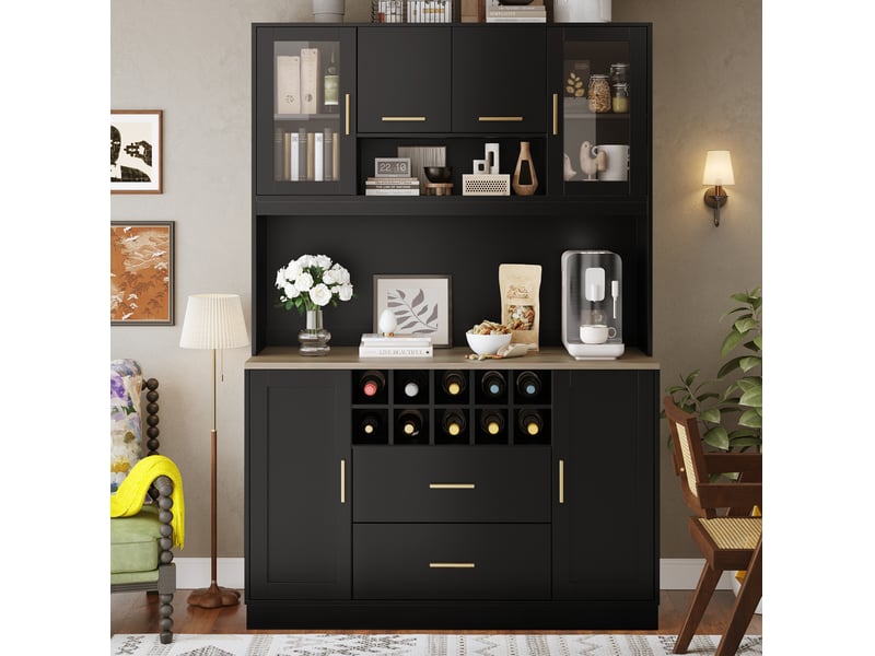  Buffet haut 120 x 36,3 x 180 cm, 6 portes, 2 tiroirs, led et prises noir  - Conforama D