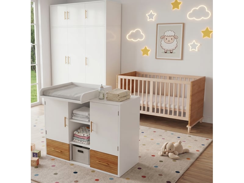  Ensemble table à langer et lit bébé réglable – bois et mdf – naturel et blanc – 114 x 53 x 92 cm  - Conforama C