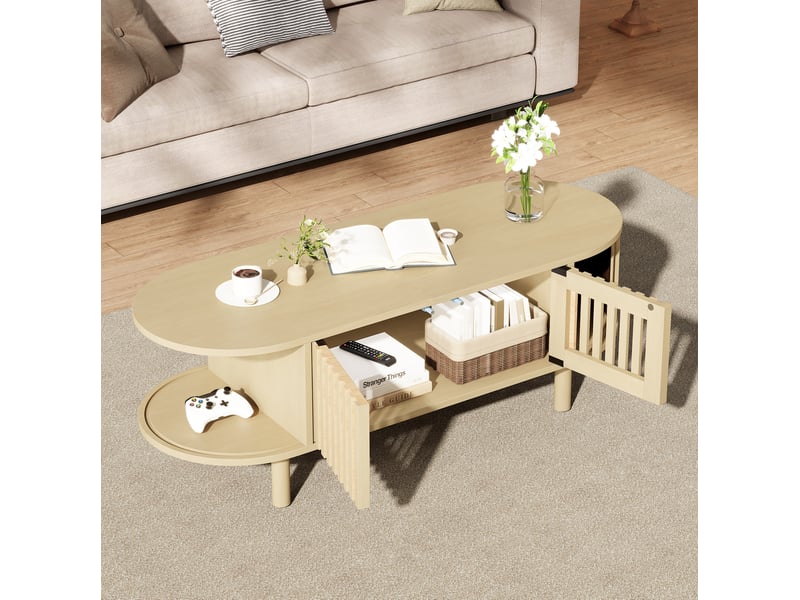  Table basse ovale 100 x 40 x 38 cm avec rangement, 2 portes à lattes et porte coulissante à rideau, mdf et pieds en bois, bois clair  - Conforama B