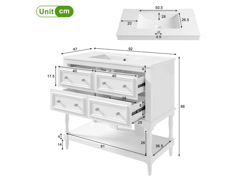  Meuble vasque sur pied 92×47×88 cm blanc, lavabo céramique, 4 tiroirs, niche ouverte  - Conforama C