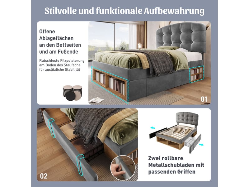  Lit avec tiroirs 90 x 200 cm lit rangement velours gris tête de lit cintrée réglable en hauteur  - Conforama E