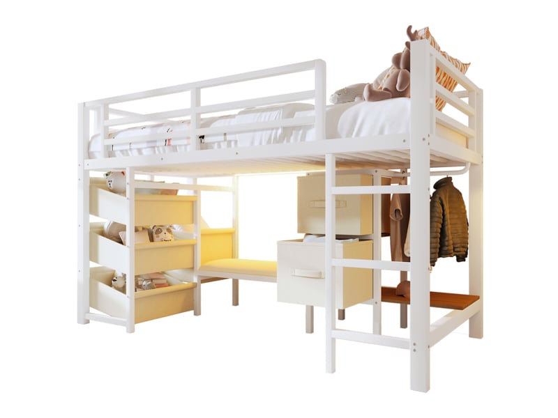  Lit simple 90x200 cm avec led multicolore et rangements en tissu en métal blanc  - Conforama A