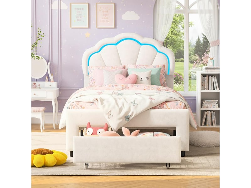 Lit simple 90x200, éclairage led et tiroir de rangement, lit enfant, tête de lit coquillage ajustable, velours, blanc - Conforama D