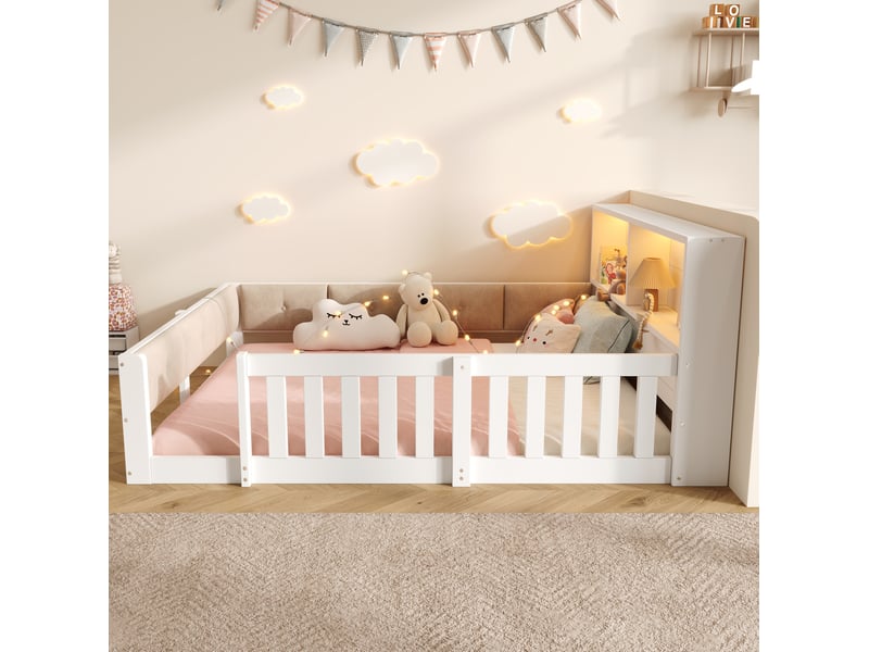 Lit enfant 140 × 200 cm avec barrières, dossier rembourré, rangements et éclairage à del pour chambre, blanc - Conforama D
