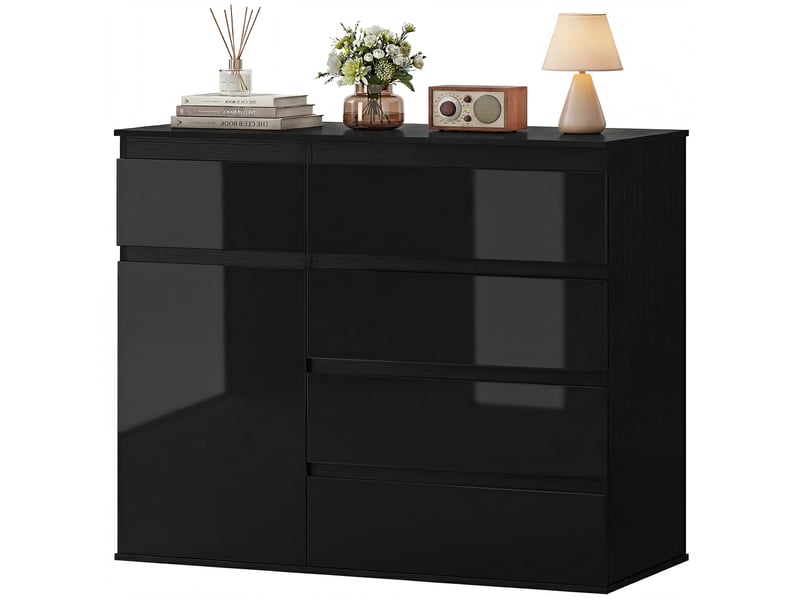  Buffet moderne, buffet de rangement avec 5 tiroirs, étagère réglable, porte à fermeture amortie, noir laqué brillant  - Conforama B