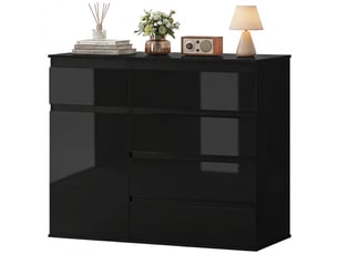Buffet moderne, buffet de rangement avec 5 tiroirs, étagère réglable, porte à fermeture amortie, noir laqué brillant
