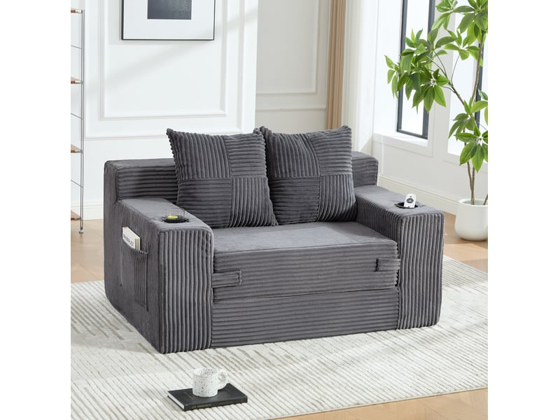 Canapé-lit 2 places tcqpz 151 x 133 x 64 cm convertible en velours côtelé gris avec 2 coussins et porte-gobelet - Conforama B