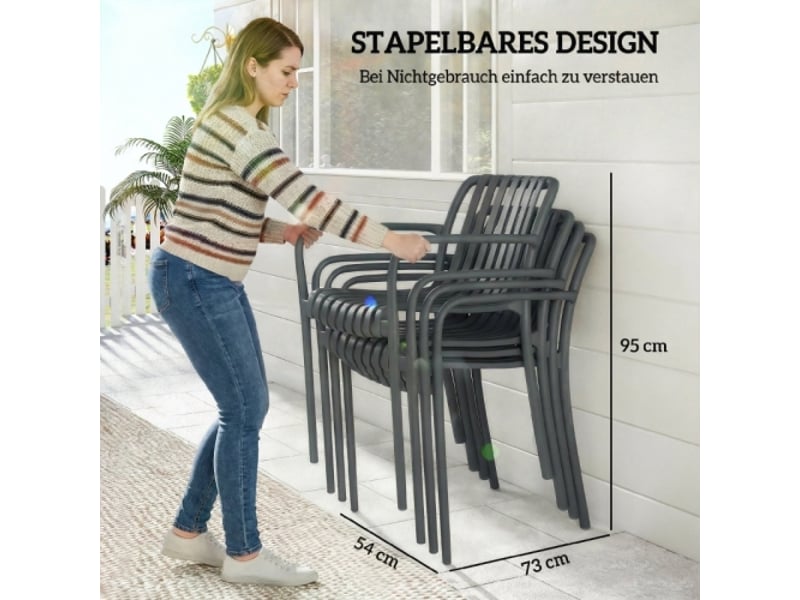 Lot de 4 chaises de jardin empilables gris foncé, design lattes, accoudoirs, ergonomiques, terrasse - Conforama D