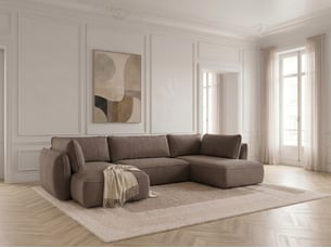 Canapé d'angle gauche convertible <strong>BOBOCHIC</strong> <strong>ESMEE</strong> 5 places Tissu taupe avec coffre de rangement