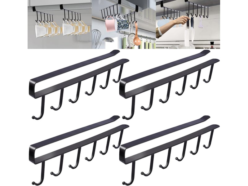 Lot de 4 porte-tasses sous armoire avec 6 crochets, support adhésif sans perçage pour étagère 2.5cm, rangement de cuisine gain de place robuste, noir  - Conforama A
