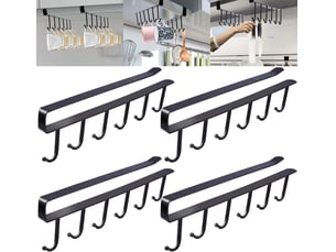 Lot de 4 porte-tasses sous armoire avec 6 crochets, support adhésif sans perçage pour étagère 2.5cm, rangement de cuisine gain de place robuste, noir