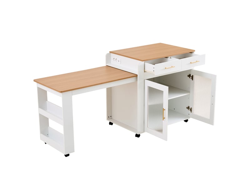  Îlot de cuisine - rangements intégrés - table extensible - port usb - prise de charge - meuble de cuisine - gain de place - blanc CozyNest - Conforama A