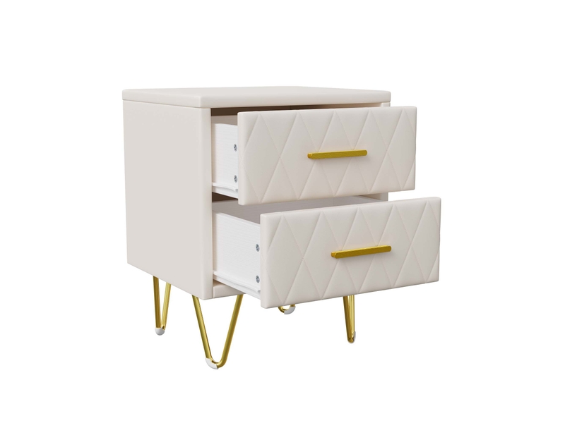  Lot de 2 tables de chevet, 41x35.5x51 cm, avec 2 tiroirs, pieds en métal doré, style moderne, beige  - Conforama D