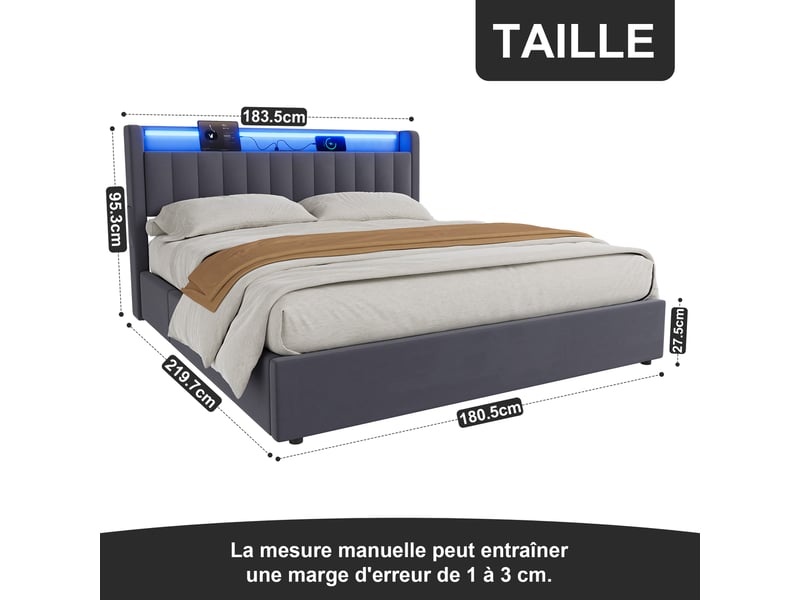 Lit rembourré ulevr 180 x 200 cm avec rangement intégré, port usb et éclairage d’ambiance, velours gris foncé - Conforama C
