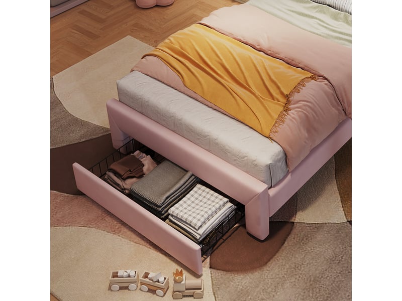 Lit avec rangement 90 × 200 cm, velours, tiroir au pied, tête de lit ondulée avec tablette, led par appli, rose  - Conforama E