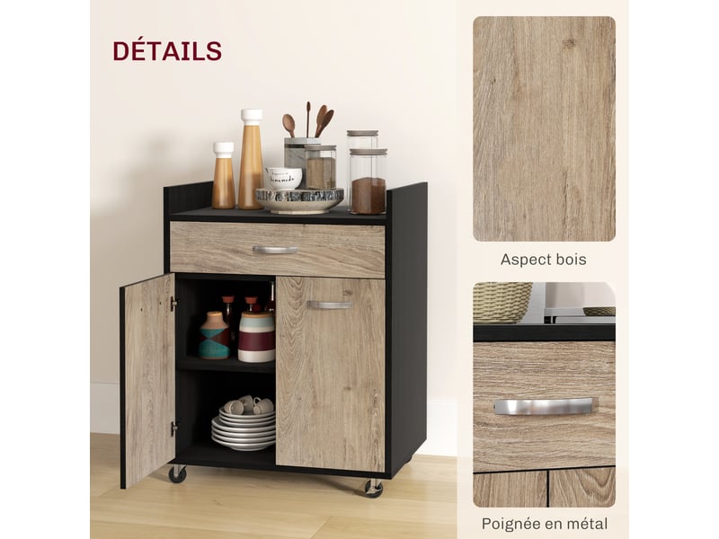 Chariot de service desserte de cuisine à roulettes tiroir placard 2 portes étagère en bois gris effet bois, noir - Conforama W