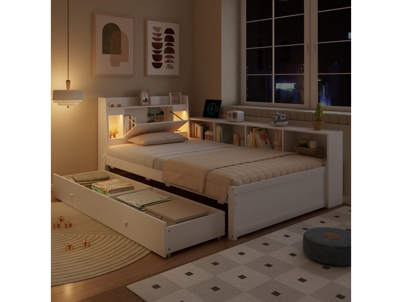  Modenvie lit 1 place avec rangement 90x200 cm - tête de lit avec étagère et prise, sans matelas - blanc  - Conforama D