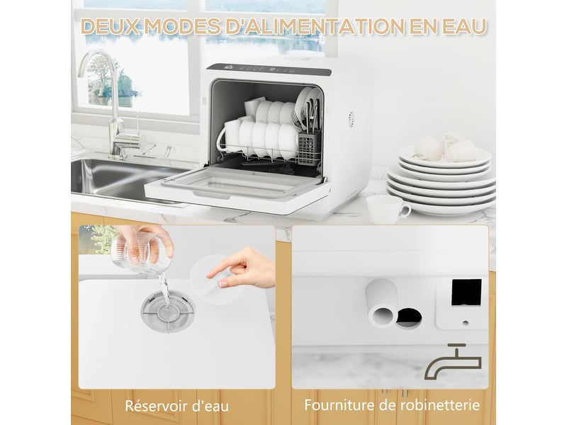 Mini lave-vaisselle compact 4 couverts, lave-vaisselle de table, 6 programmes, commandes tactiles, blanc, réservoir 6 l - Conforama R