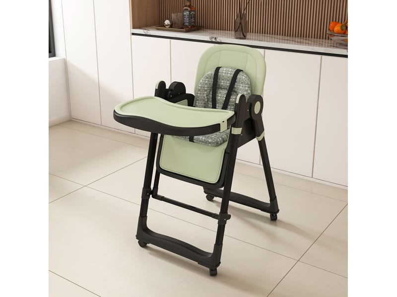  Chaise haute 2-en-1, fonction balancelle, plateau amovible, dossier inclinable, roues freinées, en polypropylène vert foncé  - Conforama B