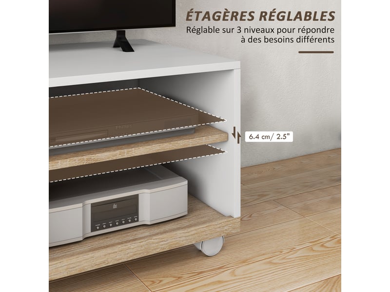  Meuble tv sur roulettes avec 2 freins - en bois blanc chêne clair - 2 niches + placard porte 2 passe-fil  - Conforama W