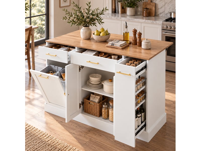 Îlot de cuisine blanc 120 cm avec plan rabattable, 3 tiroirs et rangement coulissant, pour cuisiner organisé - Conforama E