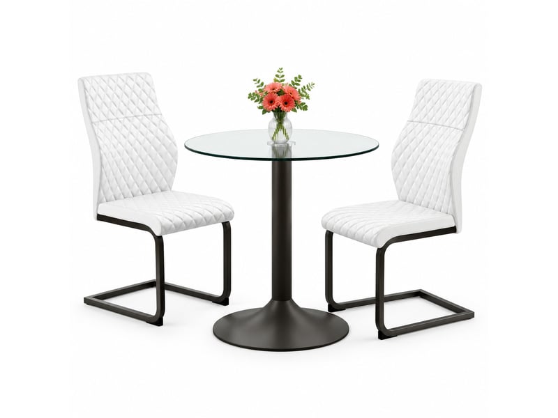 Ensemble table et chaises avec 1 table ronde et 2 chaises - verre, métal et pu - noir, transparent, blanc - Conforama A