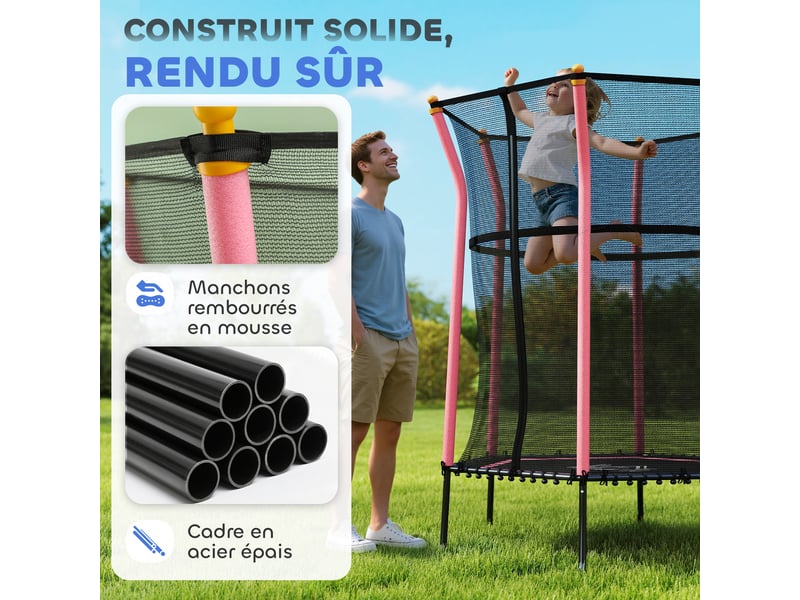  Trampoline pour enfant 1,22 x 1,11 x 1,9 m filet de sécurité porte zippée 6 poteaux rembourrés inclus rose noir  - Conforama D
